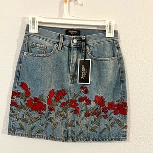 Juicy Couture Blue Denim Skirt with Red Floral Embroidery